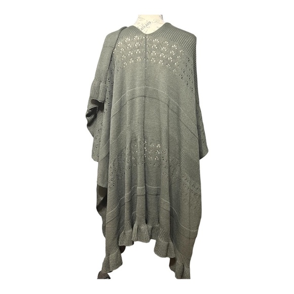 Tea Green Chunky Open Knit Ruffle Shawl Wrap Lagenlook Winter Layering Piece OS - Picture 9 of 15